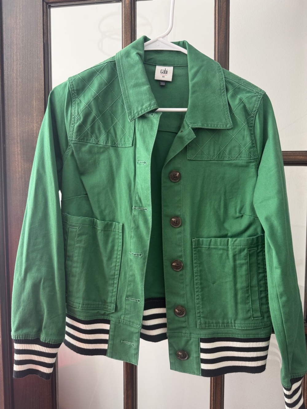 CAbi Green Button-Up Jacket with Black & White Striped Hem